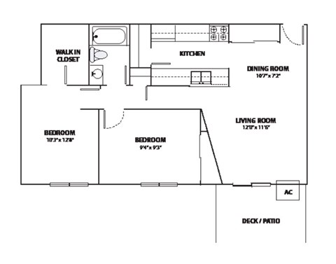 A floor plan of a home with a living room, dining room, kitchen, and two bedrooms.
